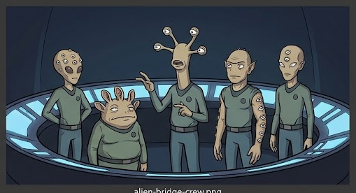 Illustration of a full bridge crew at their stations, blueprint-style linework