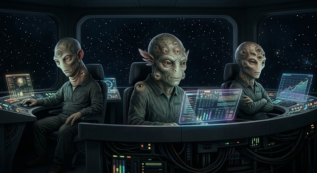 Illustration of bridge crew monitoring routing consoles