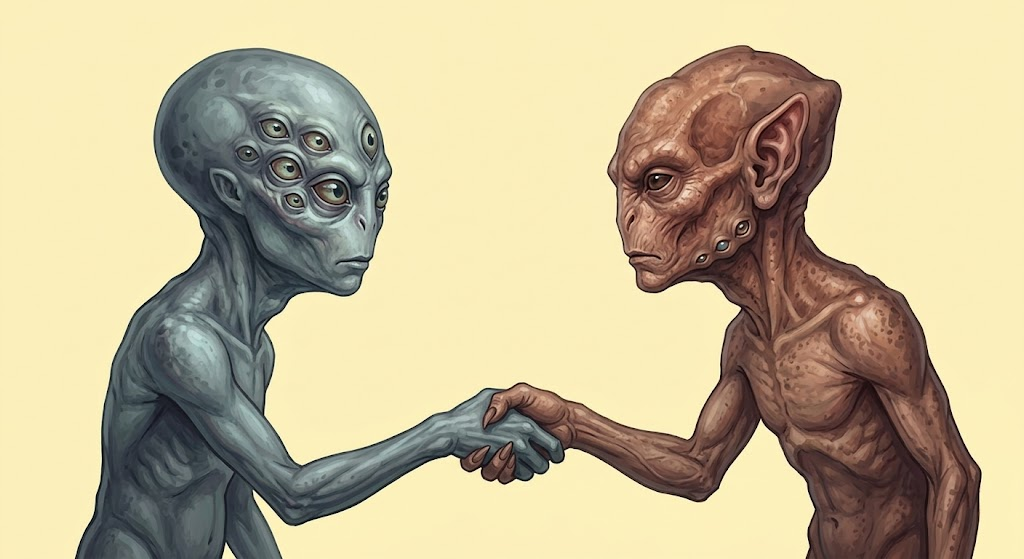 Illustration of two figures shaking hands across a great distance
